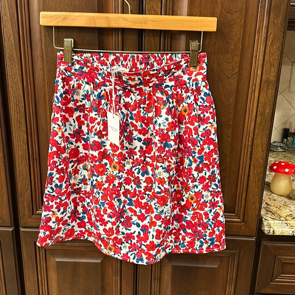 Floral Red Circle Skirt with Elastic Waist